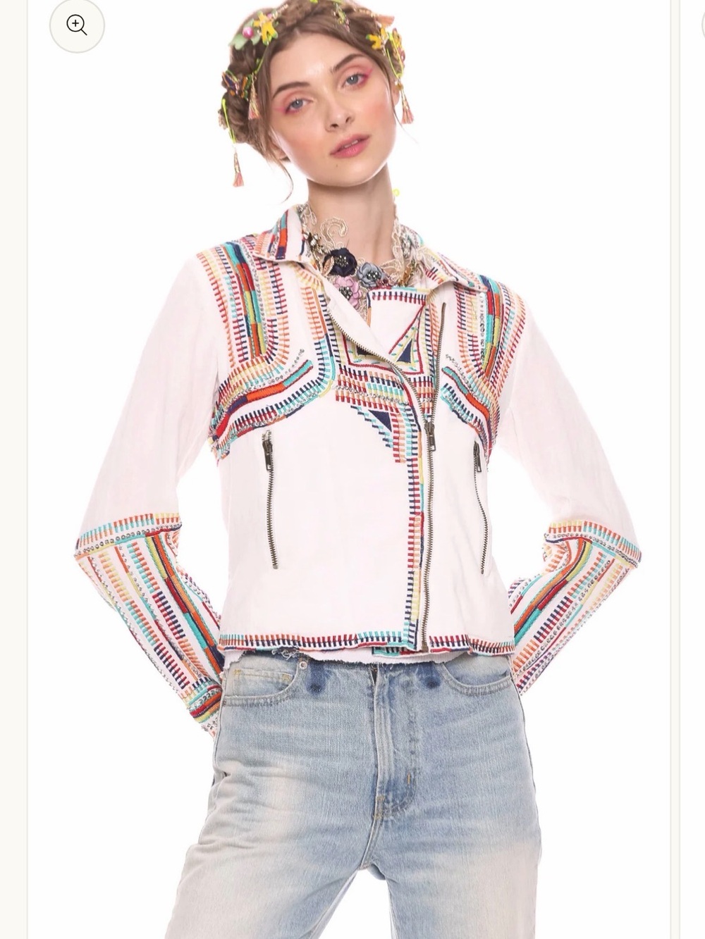 ARATTA Crafted lily White Embroidered Women's Jacket - Colorful Trim XL